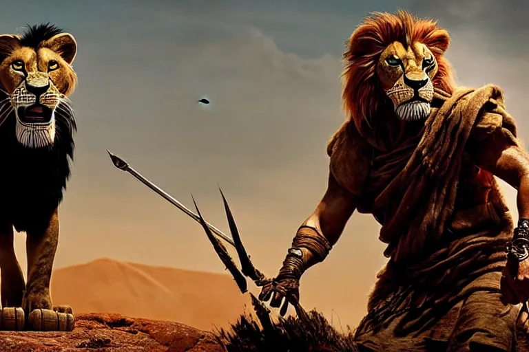 Image similar to scar ( from the lion king ), heavily armed and armored facing down armageddon in a dark and gritty version from the makers of mad max : fury road : witness me