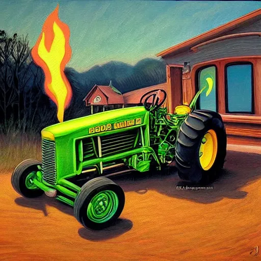 Prompt: hot rod john deere tractor, style of stanley mouse, detailed, lowbrow hot rod art, painting