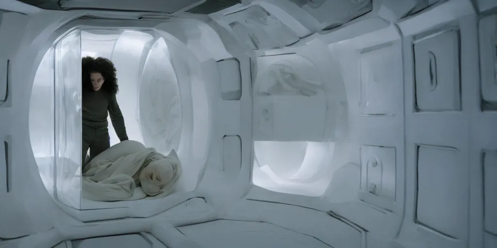 Prompt: a tight shot of Ripley sleeping inside an all-white room of cryogenic sleeping pods with glass covers by Ridley Scott, Alien movie, grainy, bluish and cream tones