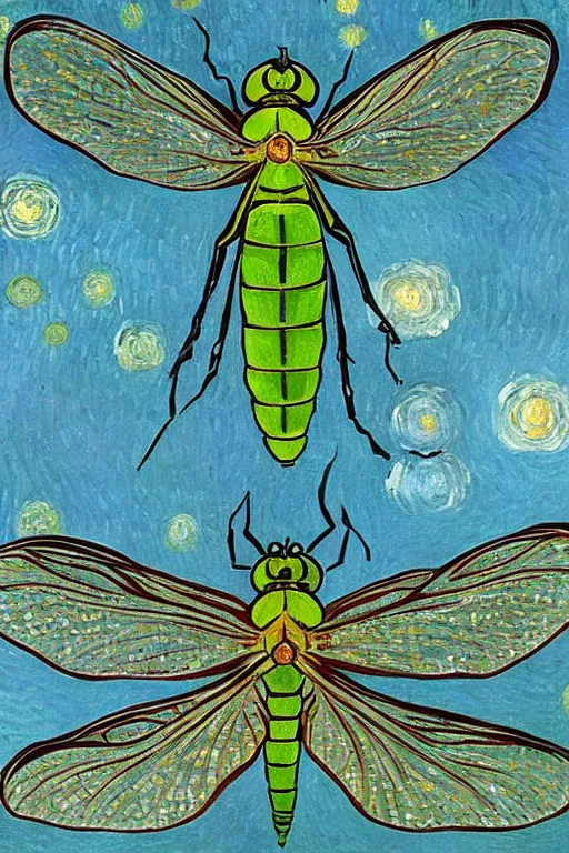 Image similar to symmetrical!!! looking at the camera!! dragonfly!! by vincent van gogh, starry night, big eyes, delicate wings