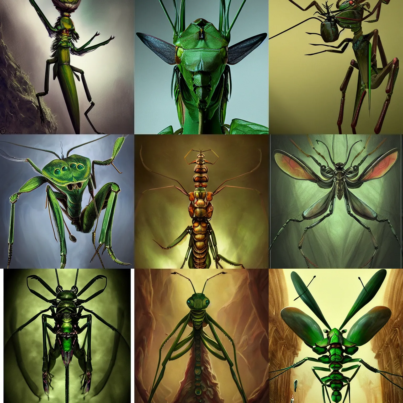 Prompt: stunning portrait of an anthropomorphic green human - sized mantis religiosa weaing an assassin cloak ; 6 legs ; hestiastula head with antennae ; prayer mantid limbs ; medieval ; full frame shot ; mtg design ; fantasy drawing ; artstation ; 8 k ; wallpapers ; heavy contrast ; cinematic art ; cgsociety ; art by alexander jansson and turner