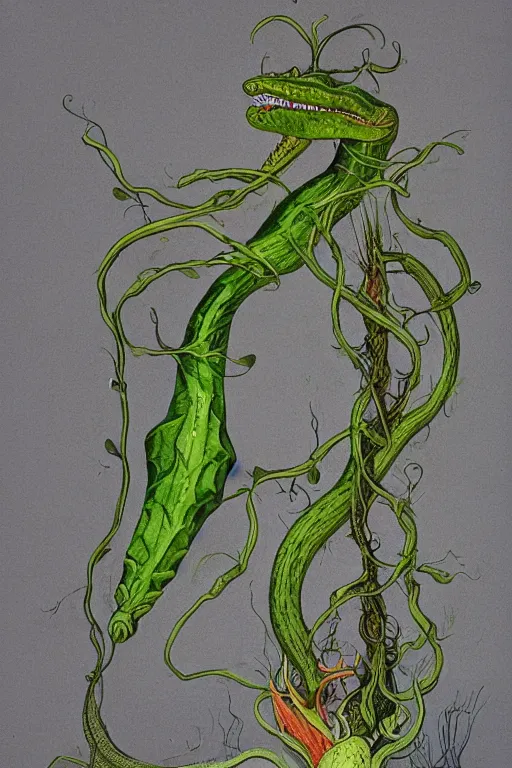 Image similar to a carnivorous plant with a long vine and the head of a alligator, vicious snapping alligator plant, side view of a plant showing roots