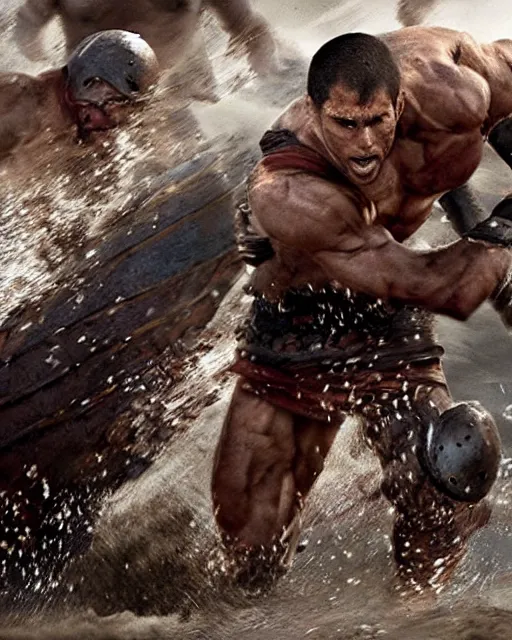 Prompt: spartan warrior sprinting on beach, epic award winning action cinematic still from the movie 3 0 0, muscles,