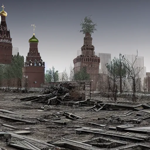 Prompt: ruins of moscow post - apocalypse, photorealistic