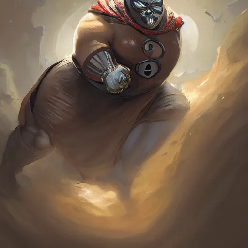 Prompt: a insanely detailed painting of an overweight masked superhero wearing a costume that's too small, staring at the computer nervously clicking on the mouse in the style of peter mohrbacher, dramatic lighting and composition, trending on artstation, concept art, comic book