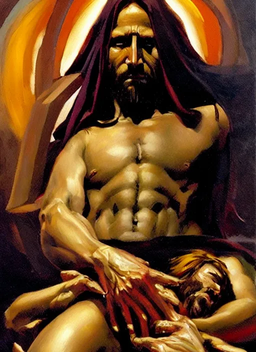 Image similar to mammon, blinfolded jesus sitting on throne of entwined bodies, holding cornucopia, painting by phil hale, 'action lines'!!!, graphic style, visible brushstrokes, motion blur, blurry