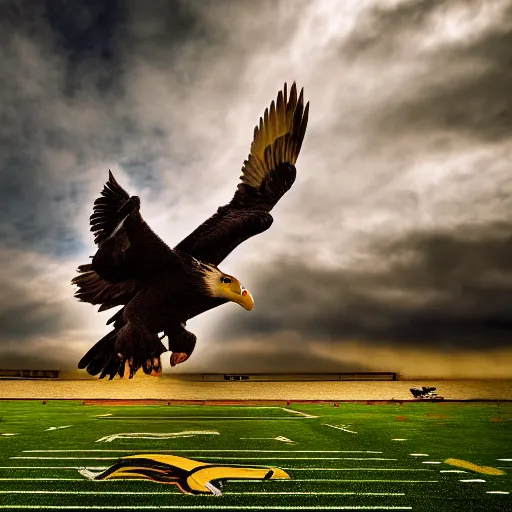 Prompt: cinematic photo of a giant eagle snatching away the oregon duck mascot with its talons, camera is looking up at the subject in the sky with fancy clouds behind