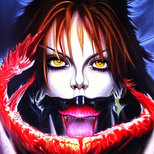 Image similar to detailed portrait of emo britney spears anime death note intricate, hyper detailed, realistic, oil painting, by julie bell, frank frazetta, cinematic lighting