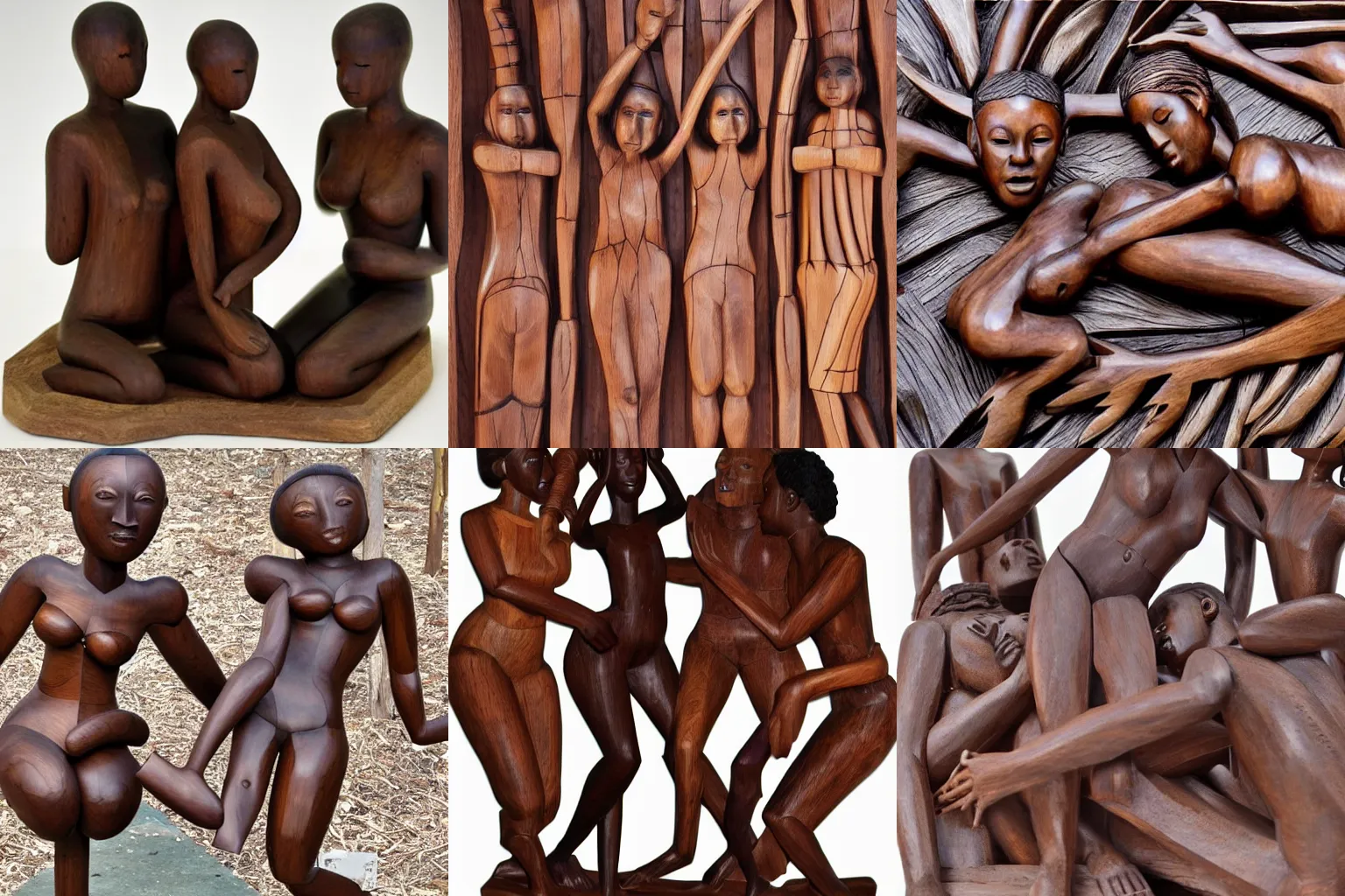 Prompt: wood sculpture of beautiful racially diverse people caressing sensually