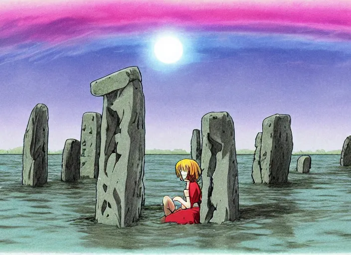 Prompt: a realistic cell - shaded studio ghibli concept art from paprika ( 2 0 0 6 ) of a rainbow - colored cube from close encounters of the third kind ( 1 9 7 7 ) and a grey long - haired witch sitting on top of a pillar in a flooded stonehenge on a misty starry night. very dull colors, wide shot, hd, 4 k, hq