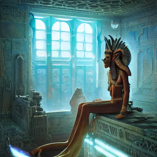 Prompt: highly detailed portrait of sekhmet the egyptian goddess, intricate alien technology, stephen bliss, unreal engine, fantasy art by greg rutkowski, loish, rhads, ferdinand knab, makoto shinkai and lois van baarle, ilya kuvshinov, rossdraws, tom bagshaw, global illumination, radiant light, detailed and intricate environment