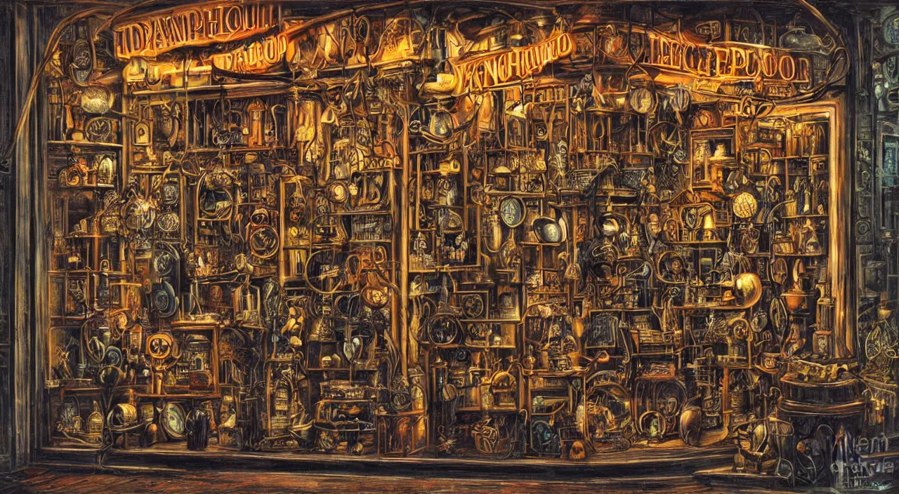 Prompt: steampunk shop window by guido borelli da caluso, darkness, neon lights, photo realistic, completely filled with interesting oddities, things hanging from ceiling, light bulbs