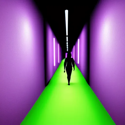 Prompt: long dark corridor with neon purple lights illuminating a woman in a plain, white mask, and wielding a crowbar, standing at the end of the corridor. high quality, ultra detail, realistic, reflective, raytraced reflections, dark corridor, neon purple lights