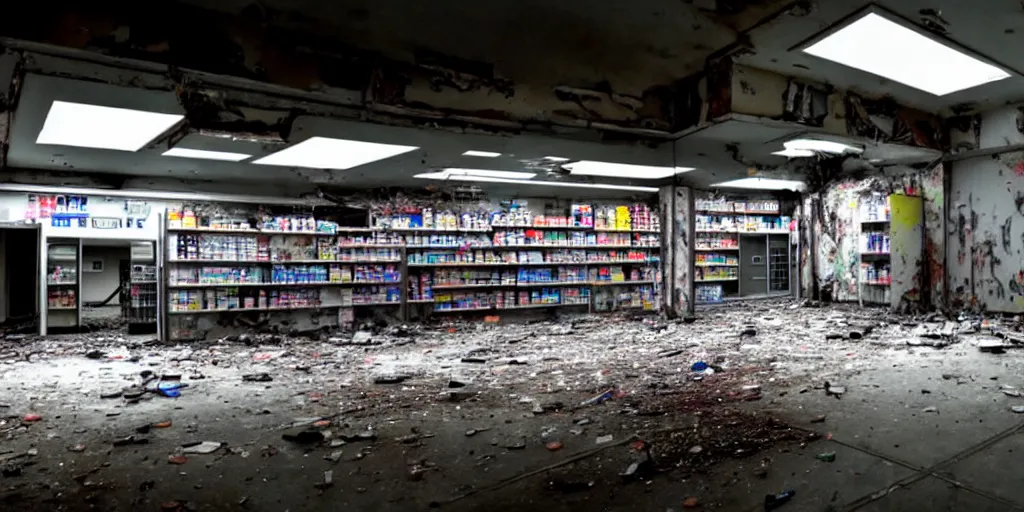 Image similar to abandoned replicant factory in a convenience store, damaged camcorder video