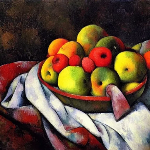 Prompt: a still - life bowl of fruit where every piece if made of a human that looks like a fruit in the style of paul cezanne