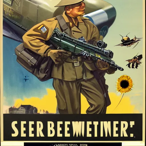 Prompt: + a security guard slumps sleeping at a computer + while a bumblebee carries a brown briefcase in the background, highly detailed, ww 2 american propoganda poster, colorized