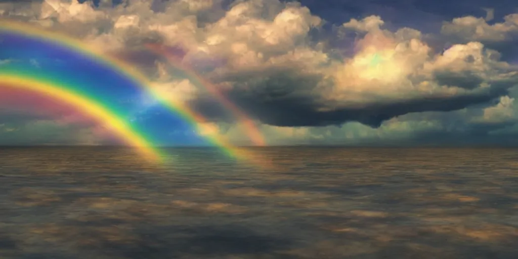 Image similar to i have set my rainbow in the clouds, and it will be the sign of the covenant between me and the earth. i will remember my covenant between me and you and all living creatures of every kind. never again will the waters become a flood to destroy all life. also, skittles. 7 0 mm. digital art 3 d render. dramatic lighting. silent running.