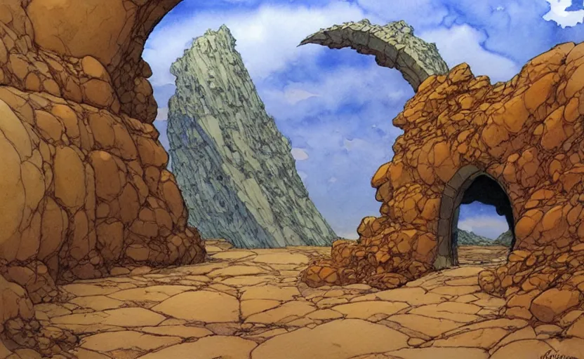 Prompt: a hyperrealist watercolour concept art of a dimensional time portal in the shape of a large rock arch. by rebecca guay, michael kaluta, charles vess and jean moebius giraud. high detail, hq, wide shot