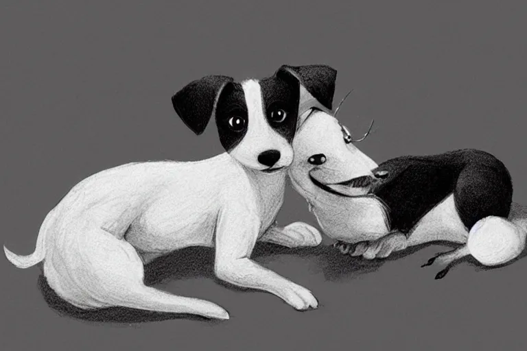 Image similar to cute black and white jack russel terrier laying on dog bed, large round eyes, concept art, game art, character design, fantasy illustration, sketch by cory loftis and bill schwab