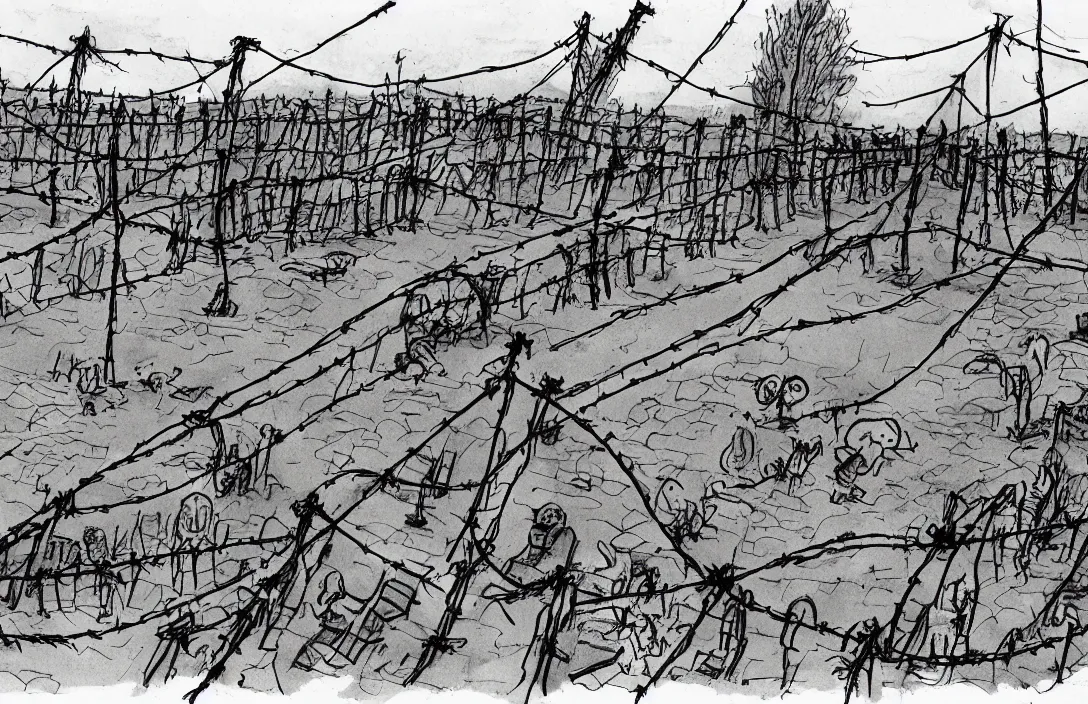 Image similar to milt kahl sketch of zombie apocalypse resistance camp with barbed wire fencing