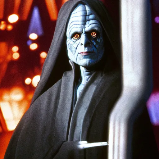 Prompt: jeff goldblum as emperor palpatine in the original trilogy, star wars movie, photo