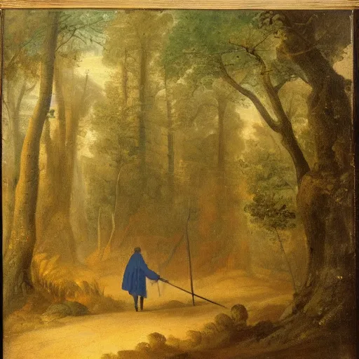 Prompt: a man in a cloak with a staff travelling trough the forest, neo-romanticism