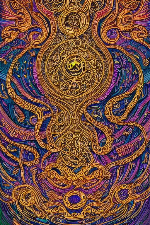 Image similar to a intricate background design with deep and intricate rune stones and rubies, and twisting intricate golden linework lovecraftian by dan mumford, atomic stars, digital art, photorealistic, vivid colors, highly detailed, intricate painted by peter max