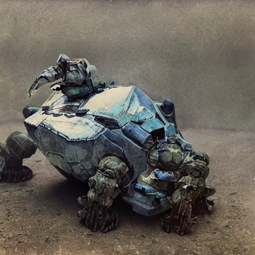 Prompt: giant oversized chubby battle armored turtle robot mech, with a big turtle shell, Cinematic focus, Polaroid photo, vintage, neutral colors, soft lights, foggy, panorama by Steve Hanks, by Serov Valentin, by lisa yuskavage, by Andrei Tarkovsky