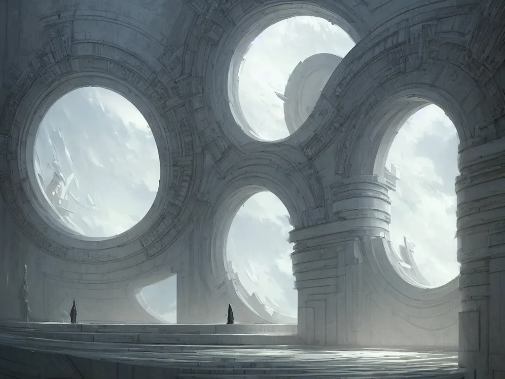 Image similar to circular gate in a white wall, leading to heaven. modern architecture. fantasy. detailed. smooth. sharp focus. trending on artstation. artist greg rutkowski.