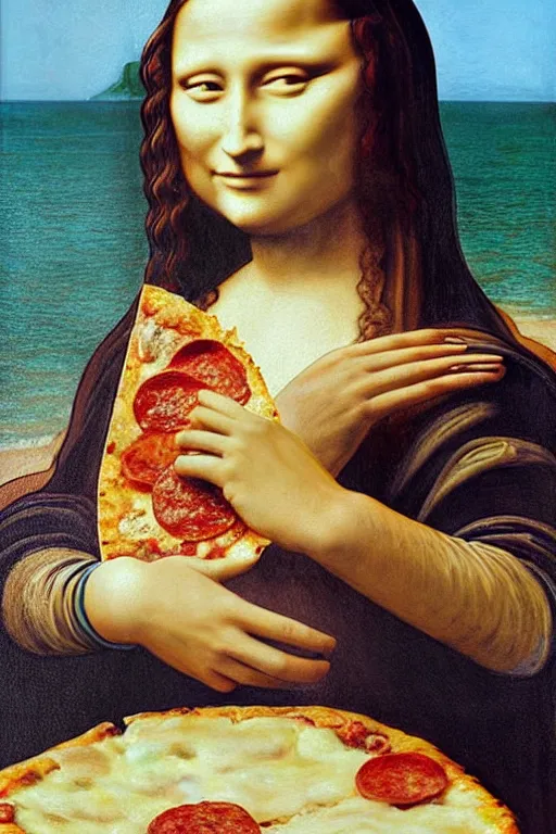 Prompt: a young woman wearing sunglasses is sitting on the beach holding a big slice of pizza!, looks like mona lisa, sharp focus, hyper realistic, soft colors, centered, insanely detailed, wide shot, a painting by leonardo da vinci