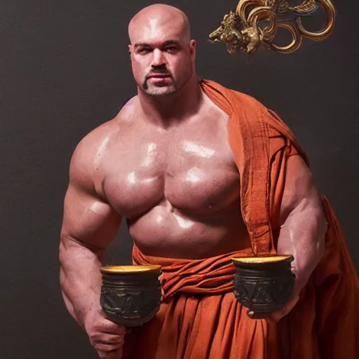 Image similar to bodybuilder bull wearing a monk robes holding incense burner. natural lighting by ruan jia, portrait