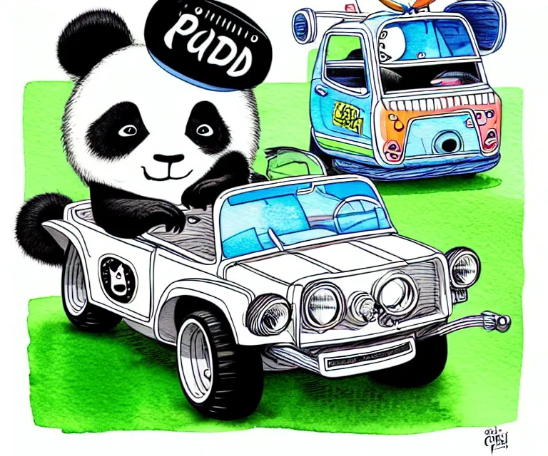 Image similar to cute and funny, panda bear wearing a helmet riding in a tiny hot rod with oversized engine, ratfink style by ed roth, centered award winning watercolor pen illustration, isometric illustration by chihiro iwasaki, edited by range murata, centered and focused