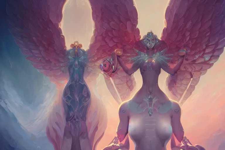 Image similar to a beautiful android angel in the center, symmetry composition, by pete mohrbacher and artgerm and wlop, digital art, highly detailed, intricate, fantasy, mystical, Trending on Artstation HQ, deviantart, unreal engine, 4K UHD image