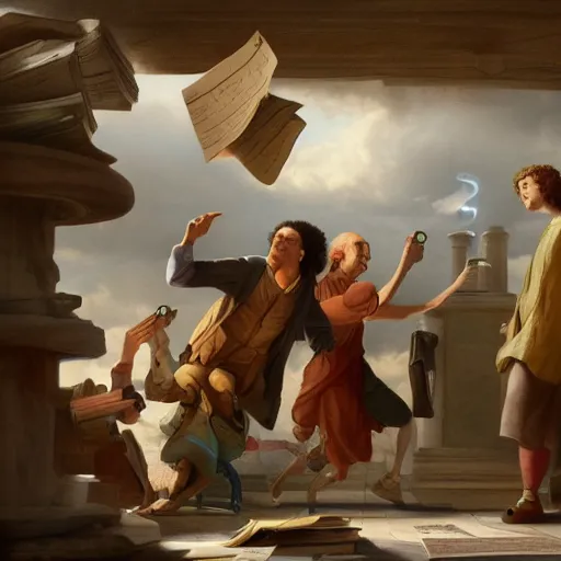 Image similar to isaac newton and leibniz fighting over calculus, detailed, centered, digital painting, artstation, concept art, in the style of a pixar film, breathtaking, 8 k resolution, extremely detailed, beautiful, establishing shot, artistic, hyperrealistic, octane render, cinematic lighting, dramatic lighting,