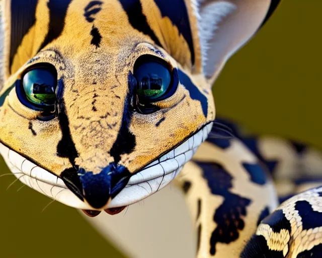 Image similar to an award winning photo of a serval - headed ball python, environmental portrait photography, national geographic, 4 k, sharp focus