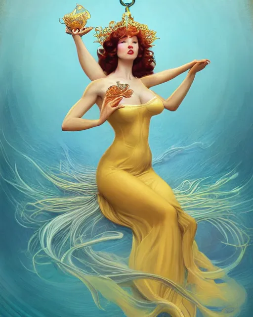 Prompt: a beautiful goldfish woman, pinup pose, long hair, tall and thin, wearing dozens of pendants and a gown of gold, small delicate crown of the sea on her head, illustration, symmetry accurate features, volumetric light clouds, ultra realist soft painting, (art nouveau), octane render, 8k, HD, by Tom Bagshaw, Brom, Charlie Bowater, faces by otto schmidt