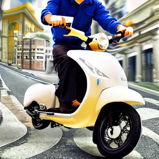 Prompt: advertisement delivery driver on moped delivering packages, extremely high quality, artistic rendering, cartoon, sharp, no blur, edited, white background