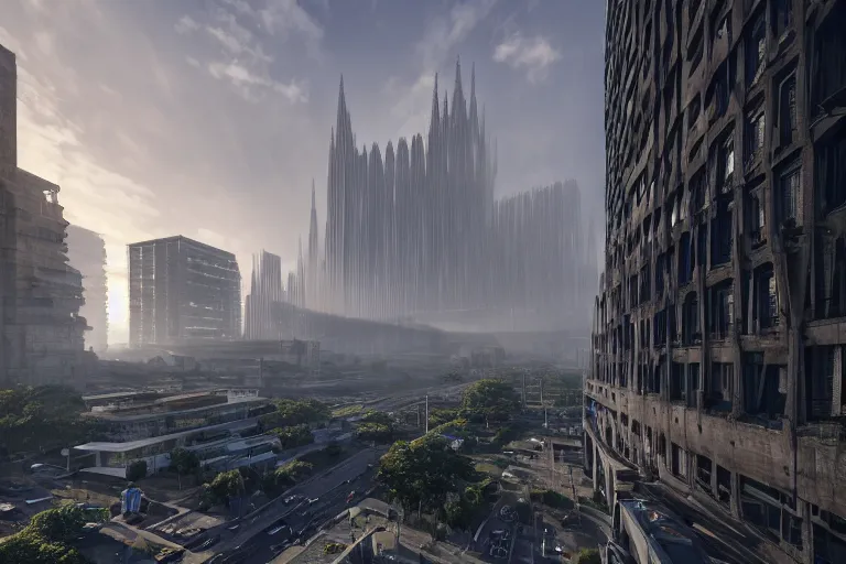 Image similar to streetscape, a towering cathedral of brutalist architecture, buildings covered with greebles, stunning volumetric light, sunset, metal, concrete and translucent material, stunning skies, majestic landscape, trending on Artstation, 8k, photorealistic, hyper detailed, unreal engine 5, IMAX quality, cinematic, epic lighting, in the style of Greg Rutkowski