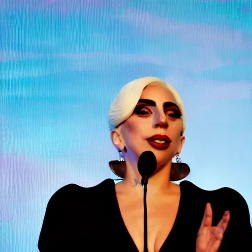 Prompt: Lady Gaga president of Argentina, Argentina flag behind, bokeh, detailed, hd, waving hands