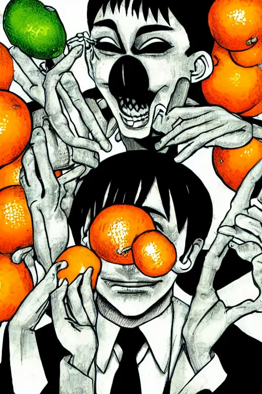 Prompt: junji ito illustration of a businessman with an orange fruit for a head