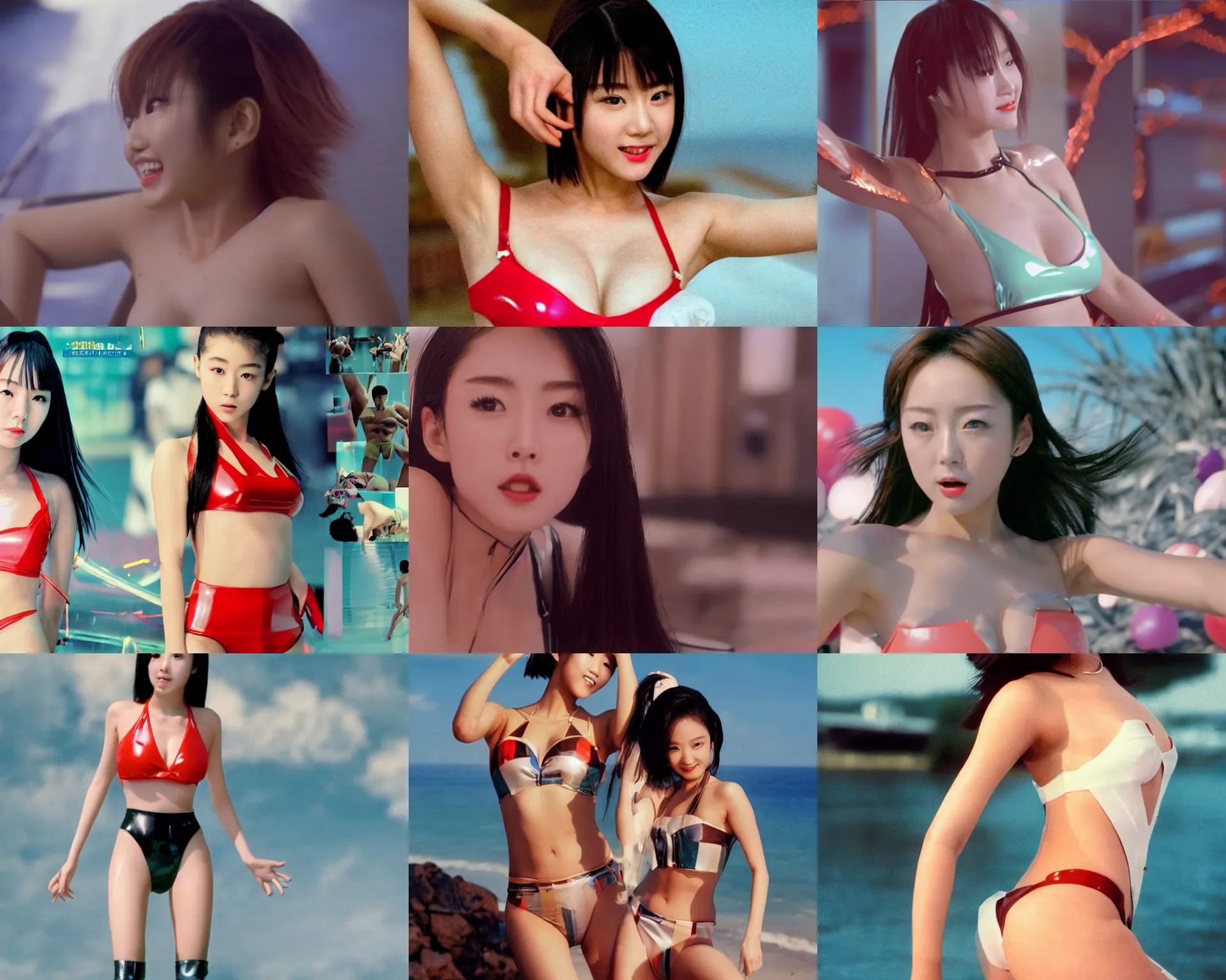 Prompt: Worksafe.1990s,unbelievably beautiful,perfect,dynamic,epic,cinematic 8K HD movie shot of a semi-close-up japanese beautiful cute young J-Pop idol actress girl wearing latex bikini,she express joy and posing.By a Chinese movie director.Motion,VFX,Inspirational arthouse,high budget,hollywood style,at Behance,at Netflix,with Instagram filters,Photoshop,Adobe Lightroom,Adobe After Effects,taken with polaroid kodak portra