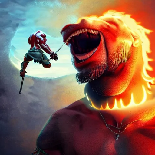 Image similar to a detailed rendition of kratos as lebron james riding a gigantic fire breathing dragon, art by beeple