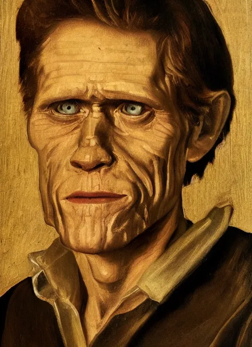 Image similar to portrait painting of 4 0 year old willem dafoe, renaissance oil painting, studious chiaroscuro