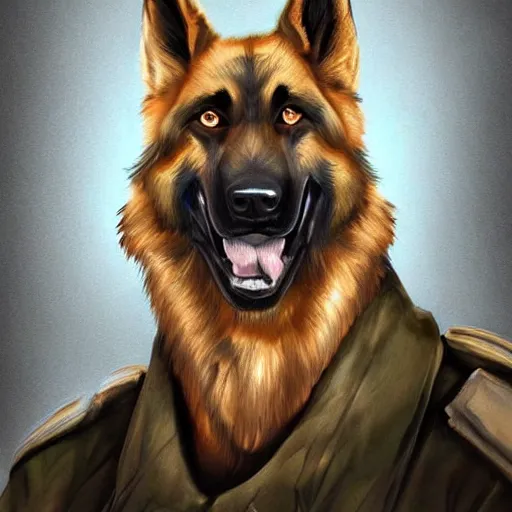 Image similar to portrait of a humanoid german shepherd beast - man in military style, highly detailed portrait, digital painting, artstation, concept art, smooth, sharp foccus ilustration, artstation hq