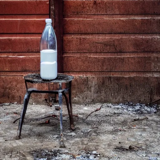 Image similar to bottle of milk, over a rusted metal table inside slaughterhouse