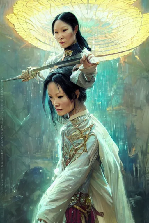 Image similar to Lucy Liu portrait, wuxia, fantasy, CYBERPUNK GLOWING COSTUME. elegant, intricate, by Stanley Artgerm Lau, greg rutkowski, thomas kindkade, alphonse mucha, loish, norman Rockwell