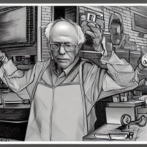 Prompt: Machine Bernie Sanders at a coffee shop drawn in the style of Wayne Barlowe 3840 x 2160