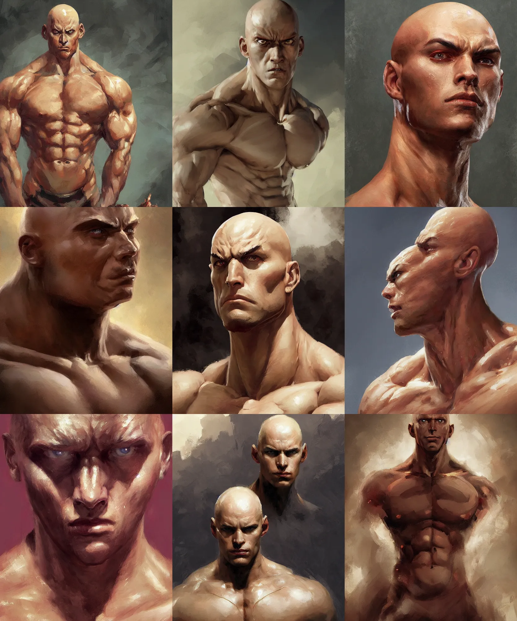 Prompt: digital art painting of a muscular bald young man, wearing a saitama costume, painted by craig mullins and gaston bussiere and greg rutkowski, symmetrical face, defined facial features, symmetrical facial features, dramatic lighting, close up