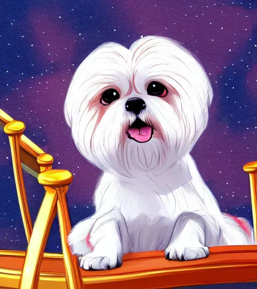 Image similar to small white shihtzu maltese mix dog on a merry go round smiling full color digital illustration in the style of don bluth, artgerm, artstation trending, 4 k