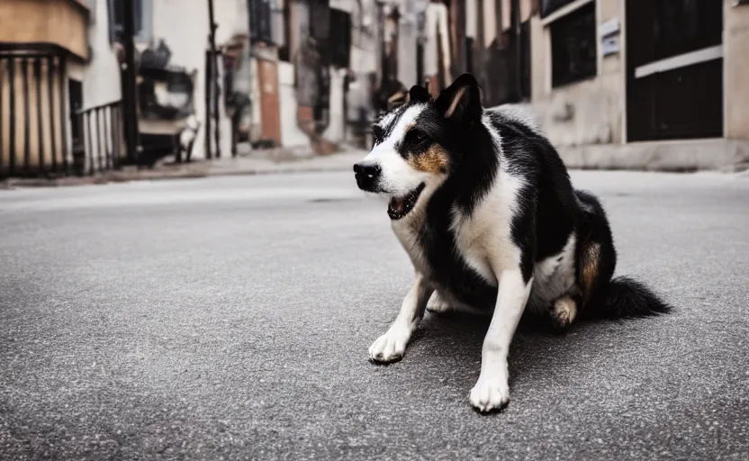 Image similar to studio photography of a sad dog sitting alone on a street, detailed face, 8 k